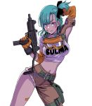  1girl absurdres aqua_hair bandaid bandaid_on_face bangs belt black_bow blue_eyes bow breasts bulma character_name closed_mouth commentary_request dragon_ball gloves goggles goggles_around_neck hair_bow highres holding holding_weapon lips looking_at_viewer medium_breasts midriff navel pants side_ponytail simple_background smile stomach tied_hair weapon white_background yamashita_shun&#039;ya 