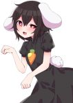  1girl :3 animal_ears black_dress black_hair blush bright_pupils bunny_ears bunny_tail carrot_necklace commentary_request dress fang highres inaba_tewi looking_at_viewer open_mouth paw_pose puffy_short_sleeves puffy_sleeves red_eyes short_hair short_sleeves simple_background smile solo tail touhou tsukimirin uneven_eyes white_background 