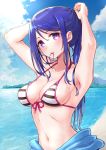  1girl adjusting_hair armpits arms_up beach bikini bikini_top blue_hair blue_sky breasts cloud collarbone commentary_request dated day eyebrows_visible_through_hair hair_between_eyes highres long_hair looking_at_viewer love_live! love_live!_sunshine!! matsuura_kanan medium_breasts miyamae_porin mouth_hold navel ponytail purple_eyes sky solo striped striped_bikini swimsuit 