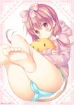  1girl bare_legs barefoot blue_panties bow brown_eyes cameltoe commentary_request doll_hug feet hair_bobbles hair_bow hair_ornament hair_ribbon hairband heart heart_print highres hinako_note hood hoodie long_hair long_sleeves looking_at_viewer low_twintails march-bunny no_pants official_art panties pink_hair ribbon sakuragi_hinako skindentation sleeves_past_wrists solo stuffed_toy twintails underwear 
