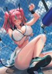  1girl arm_under_breasts azur_lane bangs bare_shoulders blue_sky blush bottle breasts bremerton_(azur_lane) bremerton_(scorching-hot_training)_(azur_lane) chain-link_fence cleavage collarbone covered_nipples fence hair_ornament highres large_breasts long_hair looking_at_viewer mhk_(mechamania) multicolored_hair open_mouth pink_eyes pink_hair racket shoes sidelocks sky sneakers solo sportswear streaked_hair tennis_racket tennis_uniform twintails two-tone_shirt two-tone_skirt water_bottle wet 