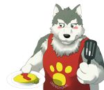  2008 anthro apron blush canid canine canis clothing domestic_dog food fur humanoid_hands kemono male mammal simple_background solo text white_background white_body white_fur yamacha012 