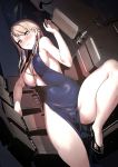  1girl absurdres bangs bare_arms bare_shoulders black_footwear blonde_hair blue_dress blue_eyes blush breasts chinese_commentary cleavage dress eyebrows_visible_through_hair high_heels highres large_breasts open_mouth original shizuoxing_kof side_slit sideboob thighs 