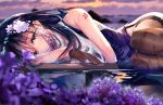  1girl azuma_(azur_lane) azuma_(soft_voice_of_spring)_(azur_lane) azur_lane bare_shoulders black_gloves black_hair black_legwear blush breasts china_dress chinese_clothes cloud dress eyebrows_visible_through_hair fallen_heaven flower gloves hair_between_eyes hair_flower hair_ornament large_breasts long_hair looking_at_viewer lying on_side pantyhose purple_sky see-through solo thighhighs very_long_hair wet wet_clothes white_flower 