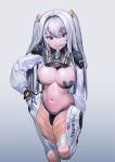  1girl breasts cleavage earpiece eyelashes gradient gradient_background hand_on_hip heart_pasties highres ihobus looking_at_viewer maebari mask_around_neck navel open_mouth original pasties purple_eyes shrug_(clothing) silver_hair solo twintails 
