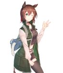  1girl ;) animal_ears arknights bangs belt black_choker black_legwear black_shirt black_skirt brown_hair catapult_(arknights) chinese_commentary choker clothes_writing commentary_request cowboy_shot crop_top eyebrows_visible_through_hair green_eyes green_jacket hair_between_eyes hand_up high_collar highres horse_ears jacket long_sleeves looking_at_viewer midriff miniskirt minuo one_eye_closed shirt short_hair simple_background skirt smile solo standing t-shirt thighhighs w white_background zettai_ryouiki 
