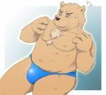  2009 anthro belly bodily_fluids brown_body brown_fur clothing fur humanoid_hands kemono male mammal moobs navel nipples simple_background slightly_chubby solo sweat underwear ursid yamacha012 
