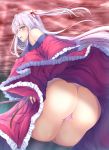  1girl ass bare_shoulders blue_eyes dress dress_lift frills hair_bobbles hair_ornament highres long_hair looking_at_viewer mystic_square one_side_up panties red_dress shinki silver_hair solo thighhighs touhou touhou_(pc-98) underwear yanagi_no_ki 