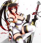  1girl bare_shoulders black_hair blue_eyes breasts curvy detached_sleeves dress fingerless_gloves gloves hair_ornament high_ponytail huge_breasts huge_weapon looking_at_viewer multicolored_hair nanbu_kaguya petals ponpo red_gloves red_hair simple_background sitting smile solo strapless strapless_dress super_robot_wars super_robot_wars_og_saga_mugen_no_frontier sword thick_thighs thighhighs thighs weapon white_dress 