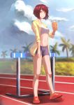  1girl bangs bike_shorts black_shorts bob_cut bottle cloud cloudy_sky full_body highres holding holding_bottle holding_drink hurdle jhc_kai light_smile looking_at_viewer looking_to_the_side midriff navel open_clothes open_shirt orange_eyes original palm_tree parted_bangs red_footwear red_hair shirt shoes short_hair shorts sky sports_bra standing track track_and_field tree water_bottle white_sports_bra yellow_shirt 