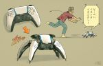  1boy barefoot blue_pants brown_background brown_hair chasing commentary from_side headset highres ka92 original pants playstation_controller red_shirt robot running shirt signature simple_background sony surprised transformation translated underwear 