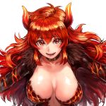  1girl :d belt_collar big_hair blush breasts collar dola_(nijisanji) eyebrows_visible_through_hair hair_between_eyes horns large_breasts long_hair looking_at_viewer nijisanji open_mouth red_eyes red_hair shu-mai simple_background smile solo upper_body white_background 
