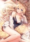  1girl animal_ear_fluff animal_ears bangs barefoot bed_sheet black_camisole black_panties blonde_hair blue_eyes blush breasts camisole cleavage commentary_request eyebrows_visible_through_hair flower fox_ears fox_girl fox_tail hair_between_eyes hair_flower hair_ornament hand_up highres long_hair long_sleeves looking_at_viewer lying medium_breasts off_shoulder on_side open_clothes open_shirt original panties parted_lips pink_flower red_ribbon ribbon ribbon_trim sakura_ani shirt side-tie_panties solo tail underwear very_long_hair white_shirt 