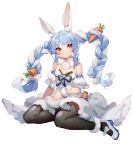  &gt;:) 1girl animal_ear_fluff animal_ears bangs bare_shoulders black_bra black_legwear blue_hair blue_ribbon blush bow bra braid breasts bunny bunny_ears bunny_girl carrot_hair_ornament cleavage closed_mouth detached_sleeves dress food_themed_hair_ornament full_body fur-trimmed_dress fur_collar fur_trim hair_bow hair_ornament highres hololive long_hair looking_at_viewer multicolored_hair pantyhose petting puffy_short_sleeves puffy_sleeves red_eyes ribbon short_sleeves sidelocks simple_background sitting small_breasts smile solo strapless strapless_bra strapless_dress twin_braids two-tone_hair underwear usada_pekora v-shaped_eyebrows very_long_hair white_background white_bow white_dress white_footwear white_hair yokozuwari you_hashira 