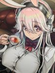  1girl animal_ears blush bow breasts bunny_ears closed_mouth cup eyebrows_visible_through_hair hair_between_eyes headphones highres holding holding_cup large_breasts long_hair looking_at_viewer nitroplus pink_eyes pink_hair smile solo super_sonico tea teacup tsuji_santa 