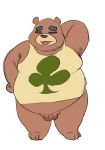  2020 animal_crossing anthro balls belly bottomless brown_body brown_fur clothed clothing eyes_closed fur genitals hi_res humanoid_genitalia humanoid_penis male mammal nintendo overweight overweight_male penis pocket-panduh shirt simple_background small_penis solo tank_top teddy_(animal_crossing) thechubbyrodent topwear ursid video_games white_background 