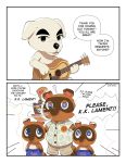  2020 animal_crossing anthro apron belly blue_eyes bottomwear brown_body brown_fur canid canine canis clothing darkgreyclouds domestic_dog english_text fur group guitar hi_res k.k._slider mammal musical_instrument nintendo plucked_string_instrument raccoon_dog shirt shorts slightly_chubby string_instrument tanuki text timmy_nook tom_nook_(animal_crossing) tommy_nook topwear video_games white_body white_fur 