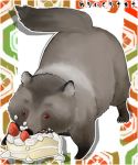  2007 black_nose brown_body brown_fur cake canid canine eating feral food fujimoto fur japanese_text low_res mammal raccoon_dog solo tanuki text 