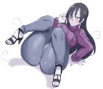  1girl arm_support ass ass_focus black_hair blush closed_mouth earrings embarrassed eyebrows_visible_through_hair facial_mark fingernails full_body genderswap genderswap_(mtf) hair_between_eyes high_heels jewelry lightsource long_hair makeup mature naruto naruto_(series) orochimaru pale_skin pants purple_sweater sandals shadow simple_background solo sweater white_background wide_hips yellow_eyes 