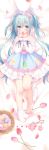  1girl animal_ears bare_shoulders barefoot basket bed_sheet blue_eyes blue_skirt blush bobby_socks bow bunny_ears closed_mouth commentary_request dakimakura easter easter_egg egg flower frilled_skirt frills green_hair hair_bow hands_up heart highres long_hair long_sleeves looking_at_viewer lying no_shoes off-shoulder_shirt off_shoulder on_back original petals pink_bow pink_flower piyodera_mucha puffy_long_sleeves puffy_sleeves red_flower sample shirt single_sock skirt sleeves_past_wrists smile socks socks_removed solo tulip twintails very_long_hair white_legwear white_shirt 