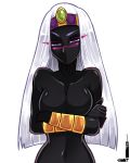  1girl absurdres anklet arms_under_breasts black_skin blush breasts cleavage crossed_arms duck_dodgers eyebrows half-closed_eyes highres jewelry loen-lapae long_hair looking_at_viewer navel no_mouth purple_eyes queen_tyr&#039;ahnee silver_hair simple_background solo tiara topless upper_body white_background 