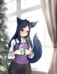  2019 animal_humanoid beverage blush bottomwear canid canid_humanoid canine canine_humanoid cat_ears_(disambiguation) clothed clothing coffee coffee_mug cup curtains curtains_open detailed_background eyebrow_through_hair eyebrows eyelashes female fluffy fluffy_tail fox_humanoid hair humanoid inner_ear_fluff krakenparty long_hair mammal mammal_humanoid not_furry pants signature solo steam traditional_media_(artwork) translucent translucent_hair tree tuft window winter 