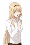  1girl an-94_(girls_frontline) blonde_hair breasts fire girls_frontline green_eyes hairband lighter long_hair looking_at_viewer shirt silayloe small_breasts smoke smoking solo white_background white_shirt 