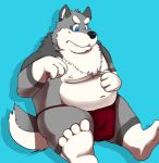  2012 anthro asian_clothing belly black_nose blue_background blue_eyes canid canine canis clothing domestic_dog east_asian_clothing fundoshi humanoid_hands japanese_clothing kemono male mammal moobs navel nipples overweight overweight_male simple_background sitting solo underwear yamacha012 
