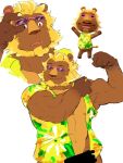  3:4 animal_crossing anthro biceps blonde_mane bottomless brown_body brown_fur bud_(animal_crossing) claws clothed clothing eyewear fangs felid flexing floral_print fur hi_res lion male mammal mane multiple_poses nintendo open_mouth open_shirt pantherine piikeisandaa pose shirt simple_background smile solo sunglasses teeth topwear video_games white_background 