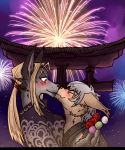  anthro asian_clothing basitin bilberryfryst canid canine canis clothing coyote duo east_asian_clothing eugeniyburnt_(character) fan_character female fireworks fox friends hi_res hybrid japanese_clothing keidran kemono kimono kissing lamanstin_(artist) male male/female mammal red_fox silver_fox size_difference tall twokinds webcomic 