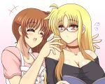  2girls alternate_costume apron black_blouse blonde_hair blouse blush breasts brown_hair choker cleavage closed_eyes couple fate_testarossa glasses happy kano-0724 large_breasts long_hair looking_at_another lyrical_nanoha mahou_shoujo_lyrical_nanoha mahou_shoujo_lyrical_nanoha_strikers mahou_shoujo_lyrical_nanoha_vivid multiple_girls open_mouth pink_shirt red_eyes shirt side_ponytail smile surprised takamachi_nanoha very_long_hair yuri 