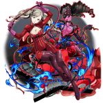  1girl bangs blue_eyes bodysuit boots breasts brown_footwear carmen_(persona_5) cat_tail chain cleavage cleavage_cutout floating_hair flower full_body highres holding_whip long_hair looking_at_viewer medium_breasts official_art parted_lips persona persona_5 red_bodysuit red_flower red_rose rose shiny shiny_clothes shiny_hair silver_hair solo swept_bangs sword_art_online tail takamaki_anne thigh_boots thighhighs twintails 