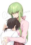  ... 1boy 1girl bangs black_hair blush breasts c.c. closed_mouth code_geass creayus eyebrows_visible_through_hair green_hair hug lelouch_lamperouge long_hair long_sleeves looking_at_another low_ponytail pink_shirt ponytail ribbon shirt short_hair simple_background sweat white_background white_shirt wing_collar yellow_eyes 