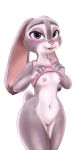  2018 alternate_version_at_source anthro blush breasts disney ears_down female fur genitals grey_body grey_fur hi_res judy_hopps lagomorph leporid looking_at_viewer mammal navel nipples orca_(artist) pivoted_ears purple_eyes pussy rabbit simple_background smile solo white_background zootopia 