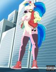  2019 absurd_res anthro anthrofied areola blue_hair bottomless breasts building casual_exposure chuck_taylor_all_stars clothed clothing cutie_mark equid eyewear female friendship_is_magic genitals hair hands_in_pockets hat headgear headphones headphones_around_neck headwear hi_res horn jacket legwear low-angle_view mammal my_little_pony nipples pockets ponytail pussy red_eyes regolithart skyscraper stockings sunglasses topwear unicorn vinyl_scratch_(mlp) worm&#039;s-eye_view 