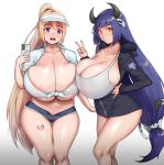  2girls animal_ears animal_print areolae ass_visible_through_thighs bangs blonde_hair blue_shorts blunt_bangs breasts burakku-ra cellphone cleavage collarbone covered_nipples cow_ears cow_girl cow_horns cow_print cow_tail curvy denim denim_shorts eyebrows_visible_through_hair high_ponytail highres horns huge_breasts long_hair low-tied_long_hair micro_shorts mole mole_under_mouth multiple_girls open_clothes open_fly open_mouth open_shorts original phone pixel_heart purple_eyes purple_hair shorts sidelocks simple_background skindentation smartphone smile tagme tail tattoo very_long_hair white_background wide_sleeves yellow_eyes 
