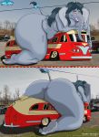 50percentgrey absurd_res anthro ass_up belly breast_squish breasts bus commercial_vehicle crush elephant elephantid female hi_res laid looking_pleasured lying mammal nude on_front proboscidean public_transportation shantella smothering solo squish sr71beta text url vehicle vehicle_for_hire 