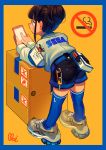  1girl absurdres bangs belt_pouch bent_over blue_border blue_legwear blunt_bangs border box brown_hair cardboard_box cellphone from_behind full_body hair_bun highres huge_filesize jacket moai_(more_e_4km) name_tag no_smoking over-kneehighs oversized_clothes phone pouch sega shoes shorts signature smartphone sneakers thighhighs 