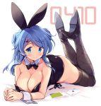  1girl alternate_costume bangs black_leotard blue_eyes blue_hair bow bowtie breasts bunny_girl bunny_hair_ornament bunnysuit card cleavage commentary_request dated detached_collar double_bun eyebrows_visible_through_hair fishnets hair_between_eyes hair_ornament high_heels kantai_collection large_breasts leotard looking_at_viewer lying odawara_hakone on_stomach playing_card sidelocks simple_background solo swept_bangs thighhighs urakaze_(kantai_collection) white_background wrist_cuffs 