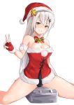  1girl bare_shoulders bow box breasts christmas cleavage dress elbow_gloves girls_frontline gloves green_eyes hair_bow hat lipstick long_hair looking_at_viewer makeup medium_breasts minn_(kangjm1107) santa_costume santa_gloves santa_hat silver_hair sitting sitting_on_object smile solo svd_(girls_frontline) tight tongue tongue_out v white_background white_hair 