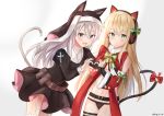  2girls animal_ears belt black_dress black_panties blonde_hair blush cat_ears cat_tail christmas cross dress girls_frontline green_eyes headphones long_hair looking_at_viewer minn_(kangjm1107) multiple_girls navel open_mouth p7_(girls_frontline) panties purple_eyes silver_hair smile tail tmp_(girls_frontline) underwear white_background 