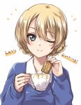  1girl ;) bangs black_neckwear blonde_hair blue_eyes blue_sweater braid closed_mouth commentary cookie cup darjeeling_(girls_und_panzer) dress_shirt emblem english_text engrish_text food girls_und_panzer highres holding holding_cup holding_food kuroi_mimei long_sleeves looking_at_viewer necktie notice_lines one_eye_closed ranguage school_uniform shirt short_hair simple_background smile solo st._gloriana&#039;s_school_uniform sweater teacup tied_hair twin_braids v-neck white_background white_shirt wing_collar 