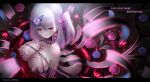  1girl bangs blurry_foreground body_markings bow breasts butterfly_hair_ornament dark_sakura elbow_gloves fate/stay_night fate_(series) from_above gloves hair_bow hair_ornament heaven&#039;s_feel highres hk_(hk) large_breasts matou_sakura nipples red_eyes revealing_clothes side_ponytail solo white_hair 