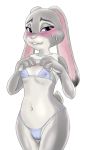  2018 alternate_version_at_source anthro blush bodily_fluids breasts buckteeth clothing disney female fur genital_fluids genitals grey_body grey_fur hi_res judy_hopps lagomorph leporid mammal navel nipples orca_(artist) purple_eyes pussy pussy_juice rabbit simple_background smile solo sweat sweatdrop teeth translucent translucent_clothing white_background zootopia 