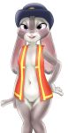  2018 alternate_version_at_source anthro blush breasts clothing disney ears_down female fur genitals grey_body grey_fur hat headgear headwear hi_res judy_hopps lagomorph leporid mammal navel open_mouth open_smile orca_(artist) pivoted_ears pussy rabbit simple_background smile solo white_background zootopia 