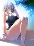  1girl areolae bare_legs black_legwear black_swimsuit blue_eyes breasts closed_mouth commentary_request covered_nipples gloves grey_hair hamakaze_(kantai_collection) highres huge_breasts kantai_collection knee_up leaf one-piece_swimsuit salute school_swimsuit shiny shiny_skin sitting smile solo swimsuit taut_clothes taut_swimsuit torisan white_gloves 