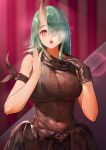  1girl absurdres alternate_eye_color arknights arm_ribbon bangs bare_arms bare_shoulders black_gloves black_ribbon black_shirt breasts breath chinese_commentary commentary_request covered_navel gloves green_hair grey_nails hair_over_one_eye hands_up highres horn hoshiguma_(arknights) large_breasts long_hair looking_at_viewer nail_polish open_mouth pink_eyes ribbon shirt single_glove sleeveless sleeveless_shirt smlltb solo upper_body 
