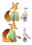  2016 absurd_res anthro ashuijing bodily_fluids canid canine cheek_tuft clothed clothing dipstick_ears disney duo ears_down eye_contact facial_tuft fox fully_clothed fur green_eyes grey_body grey_fur hi_res judy_hopps lagomorph leporid looking_at_another mammal multicolored_ears necktie nick_wilde one_ear_up orange_body orange_fur pivoted_ears purple_eyes rabbit red_fox shirt simple_background tears topwear tuft white_background zootopia 