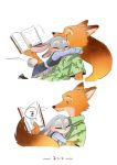  2016 absurd_res anthro ashuijing blush book brown_body brown_fur canid canine clothed clothing disney duo eyes_closed fox fully_clothed fur grey_body grey_fur hi_res holding_book holding_object hug judy_hopps lagomorph leporid mammal nick_wilde orange_body orange_fur rabbit reading red_fox sleeping smile zootopia 