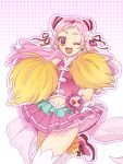  1girl ;d cheerleader clover_earrings crop_top cure_yell double_bun floating_hair flower hair_flower hair_ornament hair_ribbon heart heart_hair_ornament highres hugtto!_precure killua_gon long_hair looking_at_viewer midriff miniskirt navel one_eye_closed open_mouth pink_hair pink_skirt pleated_skirt pom_poms precure red_eyes red_ribbon ribbon see-through shiny shiny_hair skirt sleeveless smile solo standing standing_on_one_leg stomach thighhighs very_long_hair white_flower white_legwear 